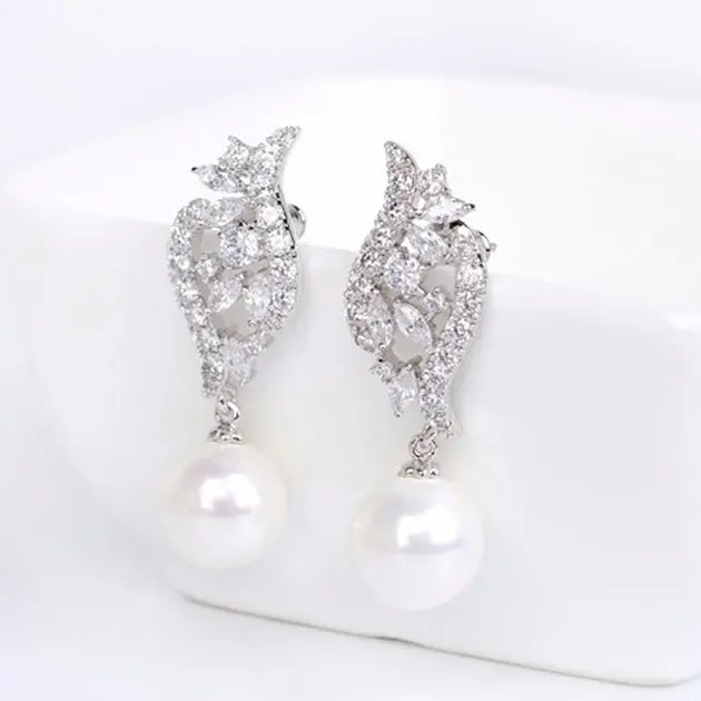 Pearl & Cubic Zirconia Pendant Drop Bridal Earrings - The Wedding Garter