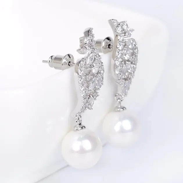 Pearl & Cubic Zirconia Pendant Drop Bridal Earrings - The Wedding Garter