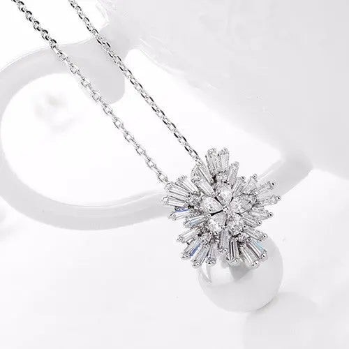 Pearl & CZ Diamond Luxury Pendant Bridal Necklace - The Wedding Garter