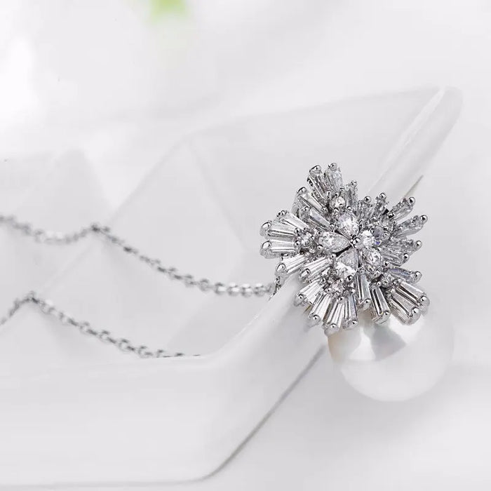 Pearl & CZ Diamond Luxury Pendant Bridal Necklace - The Wedding Garter