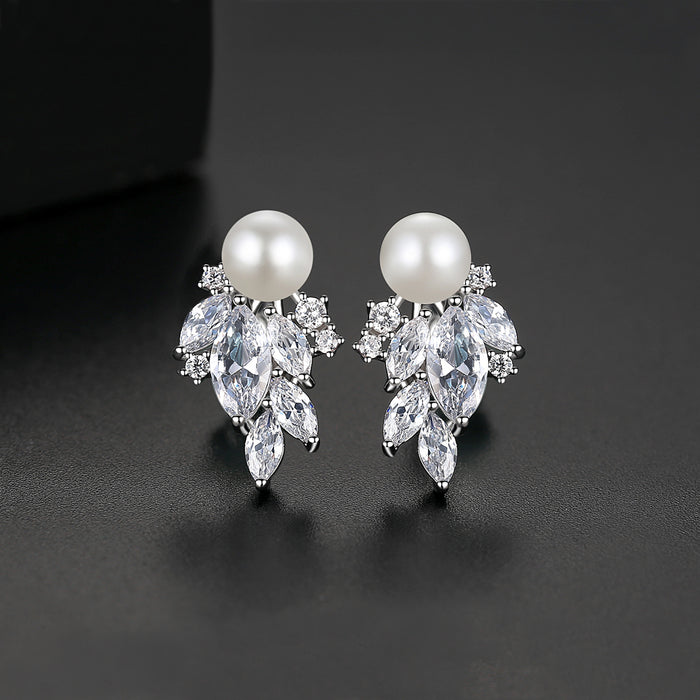 Pearl & Zirconia Diamond Stud Bridal Earrings - The Wedding Garter