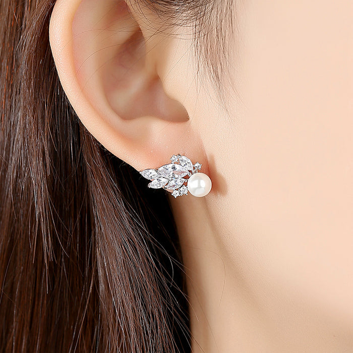 Pearl & Zirconia Diamond Stud Bridal Earrings - The Wedding Garter