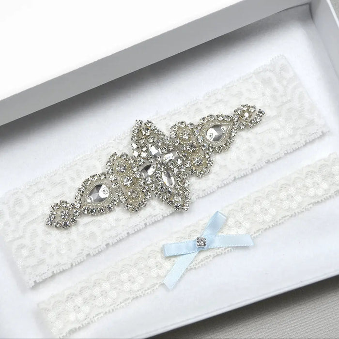 Penny Rhinestone Embellished Ivory Lace Wedding Garter Set - The Wedding Garter