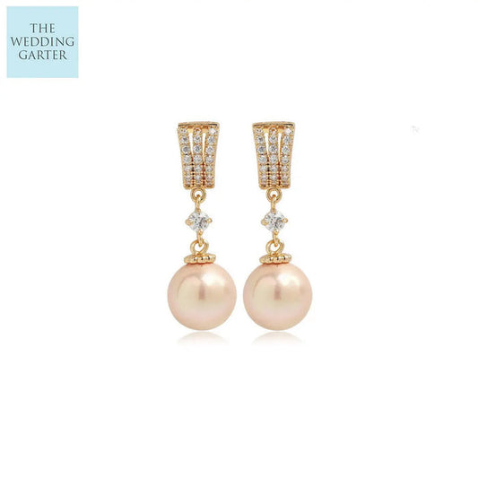 pink pearl and gold wedding earrings