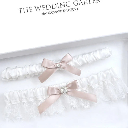 white and dusty pink garters