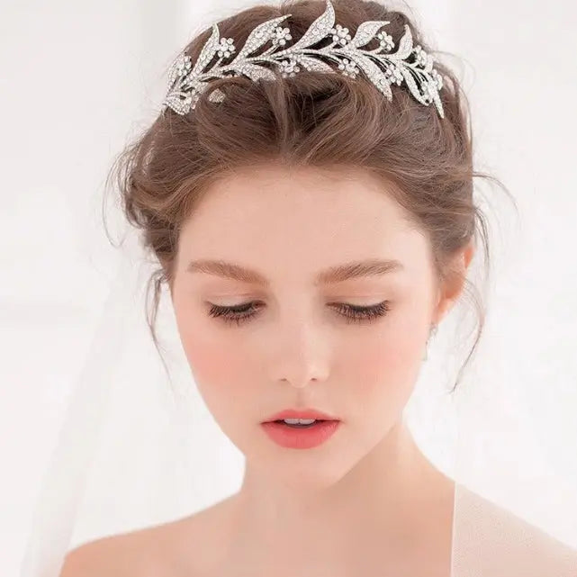 Rhinestone Encrusted Silver Leaf Wedding Headband For Brides - The Wedding Garter