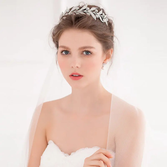 Rhinestone Encrusted Silver Leaf Wedding Headband For Brides - The Wedding Garter