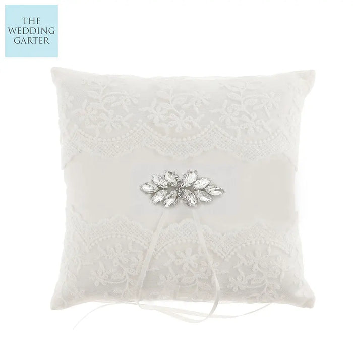 Rhinestone Encrusted Vintage Ivory Ring Bearer Pillow - The Wedding Garter