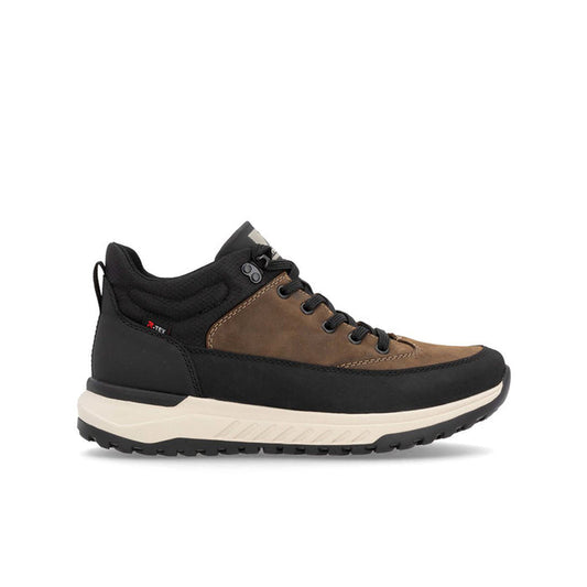 Men's lace-up boots with brown upper, black panels, and cushioned cream sole