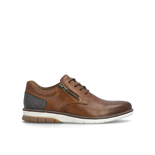 Brown leather men's business shoe with side zip and lace-up, perforated upper