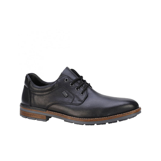 Men's leather lace-up dress shoes, black with padded collar and stitched detailing