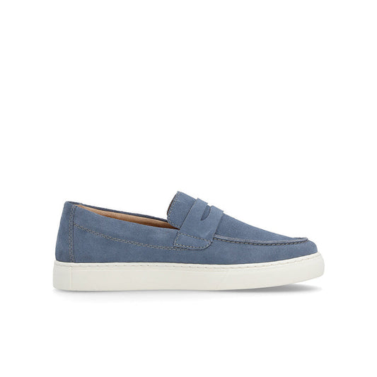Blue suede loafer slip-on with top strap and white rubber sole