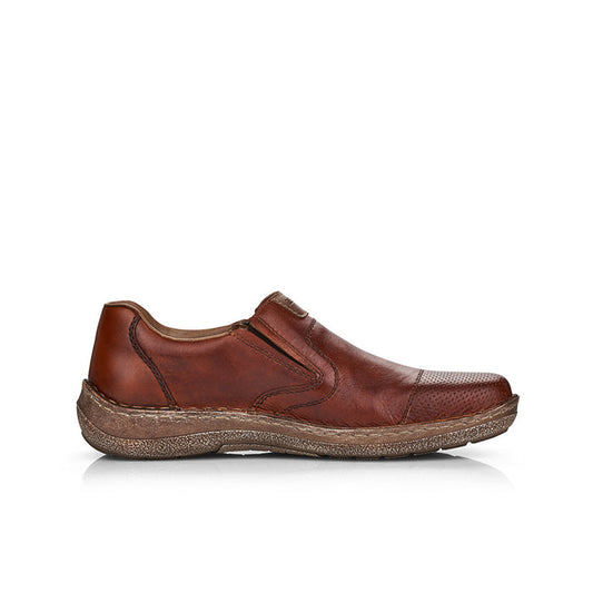 Men's brown leather loafer with side gore and cushioned collar