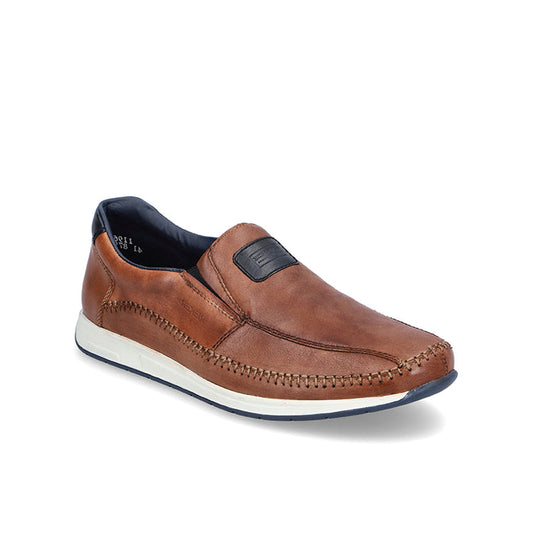 Men's leather slip-on loafers in brown, side stitching and heel pull tab