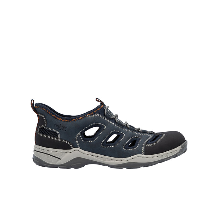 Men's lace-up sandals with dark navy upper, side cutouts, and cushioned sole