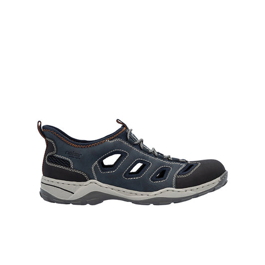 Men's lace-up sandals with dark navy upper, side cutouts, and cushioned sole