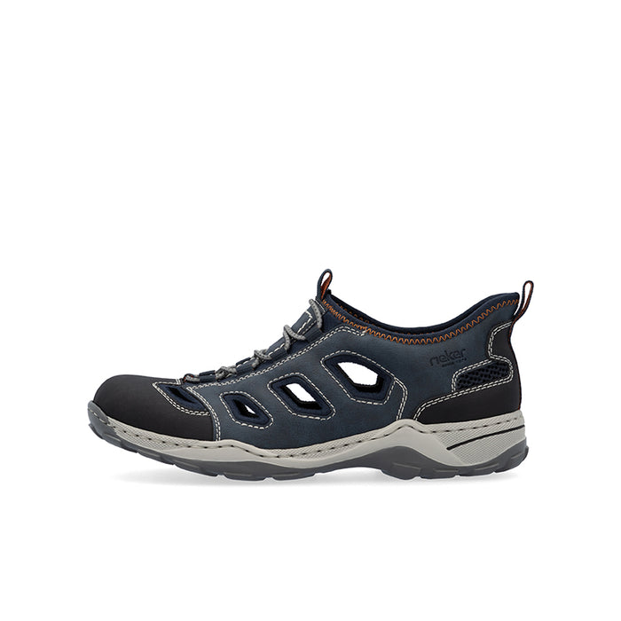 Men's lace-up sandals with dark navy and blue upper, vented side cutouts, grippy sole