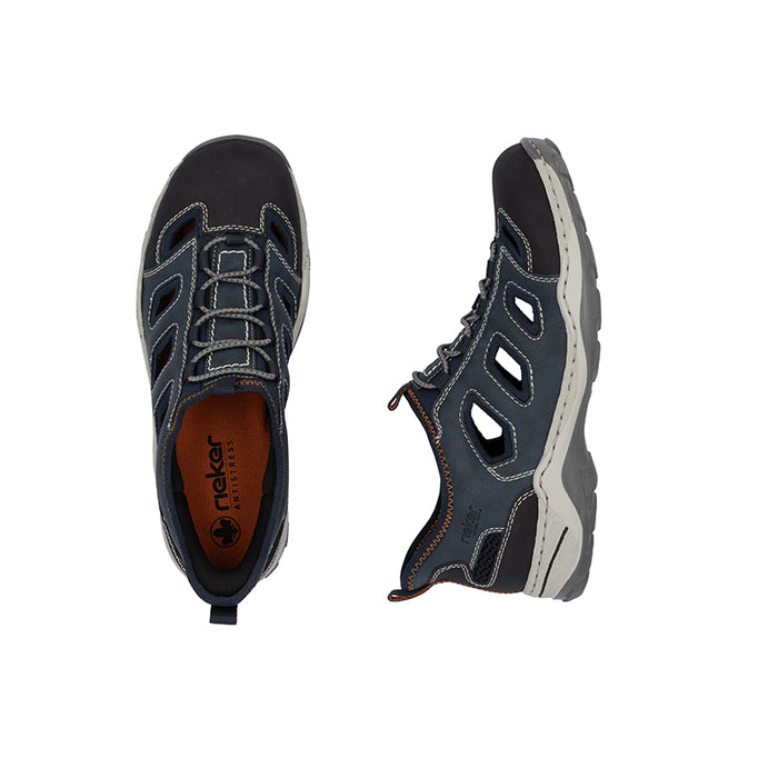 Men's lace-up sandals in dark navy with perforated side cutouts, outsole and heel