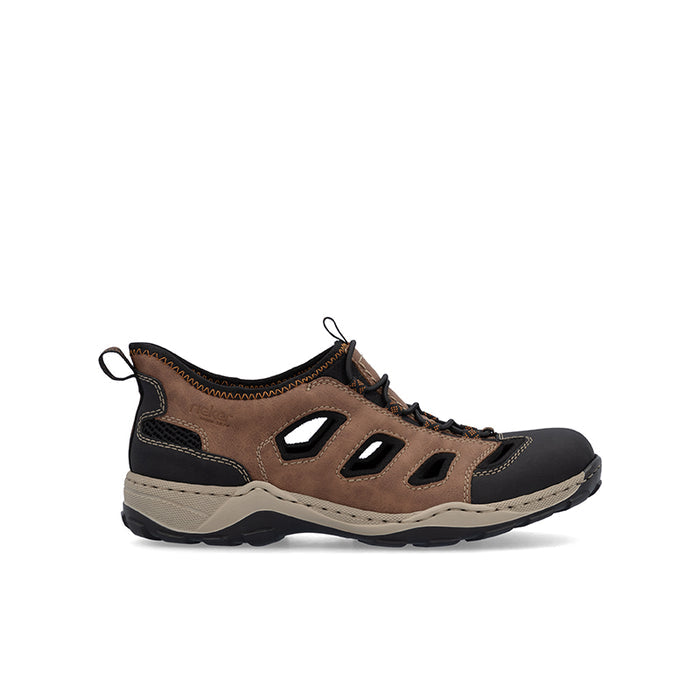Men's lace-up sandals with brown suede upper, side cutouts, and cushioned sole