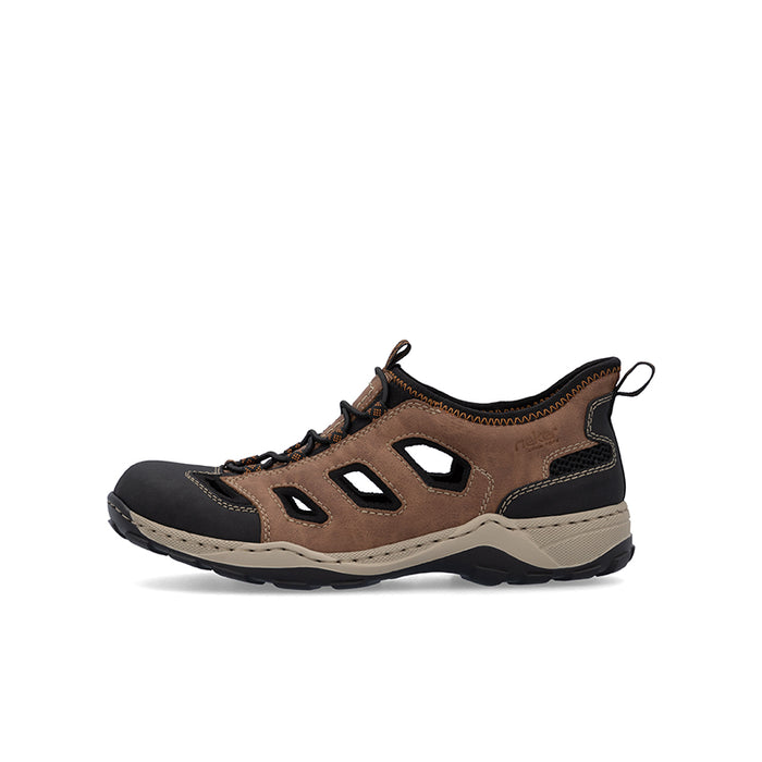 Men's lace-up sandals with brown upper, vented side cutouts, and grippy sole