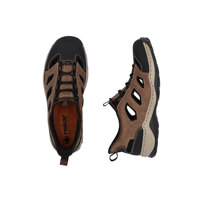 Men's brown lace-up sandals with side cutouts and contrast trim, front and side views