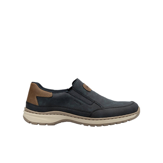 Men's slip-on sneakers in dark blue with tan panel accents and light sole