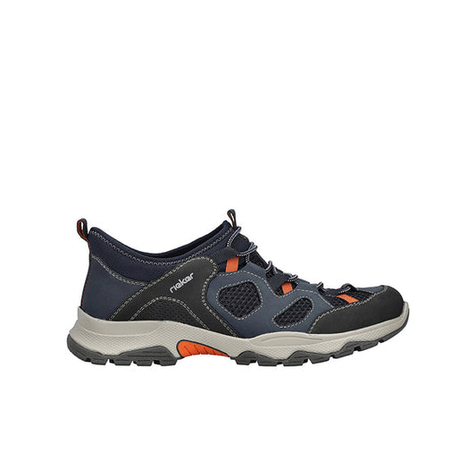 Men's Rieker slip-on sneakers in blue/gray with orange accents and tread sole