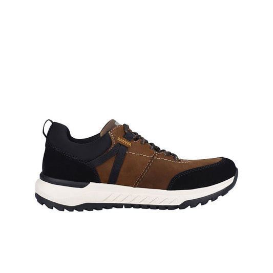 Men's brown lace-up sneakers with black panels and white rubber sole
