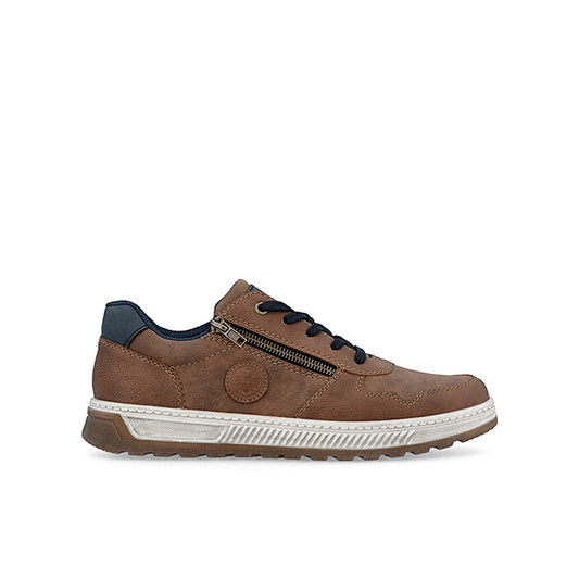 Men's brown leather sneakers with side zip and lace-up, cushioned sole