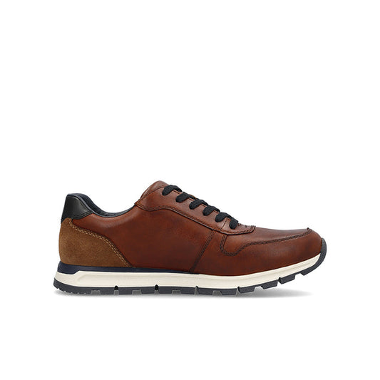 Men's brown lace-up sneakers with rugged sole and dark collar trim
