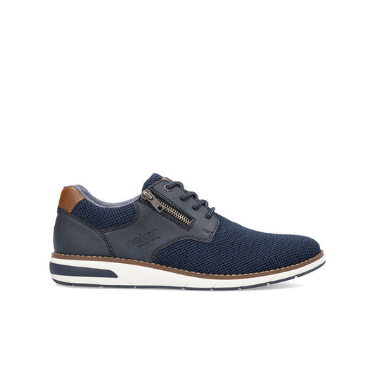 Men's navy and tan mesh sneakers with lace-up and side zipper detail