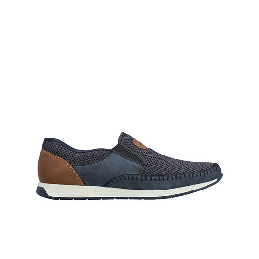 Men's navy slip-on sneakers with brown heel panel and white sole edge