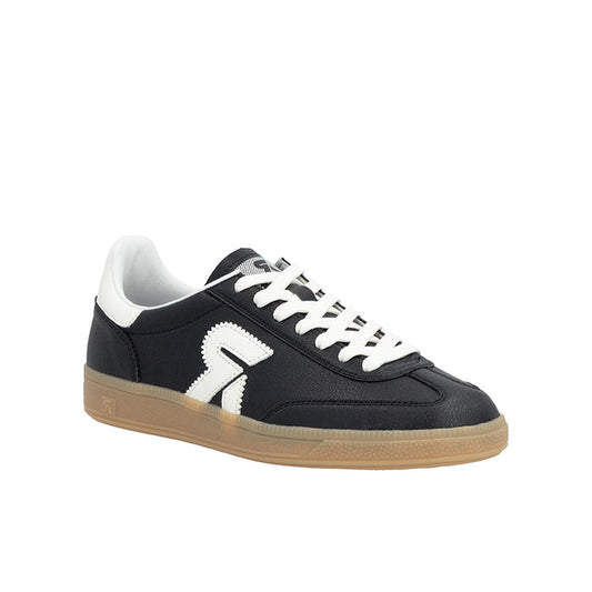 Men's low-top sneakers, black leather-look with white laces and gum sole