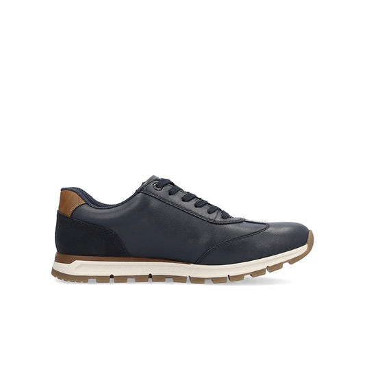Men's navy lace-up casual sneaker with padded collar and cushioned sole