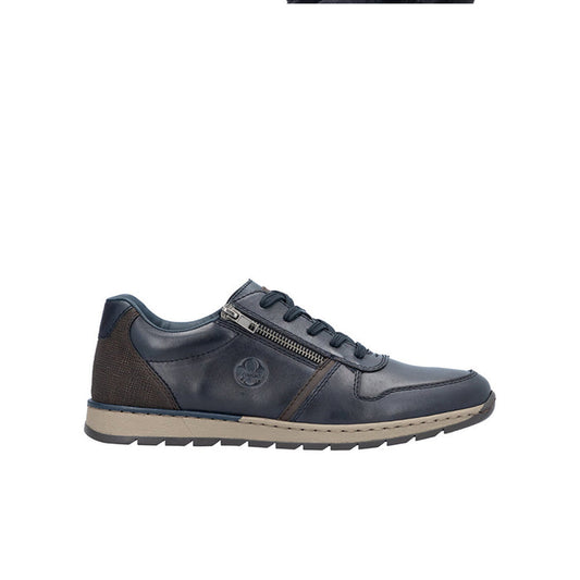 Men's lace-up zip sneaker, dark blue upper with rubber tread sole.
