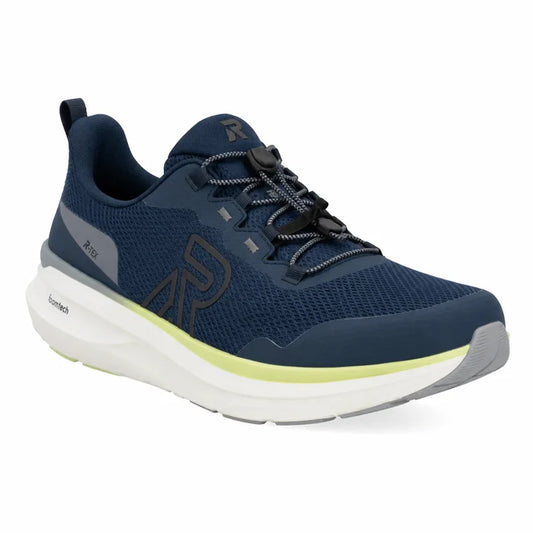 Men's blue lace-up sneaker with lime edge detail and white midsole, side view