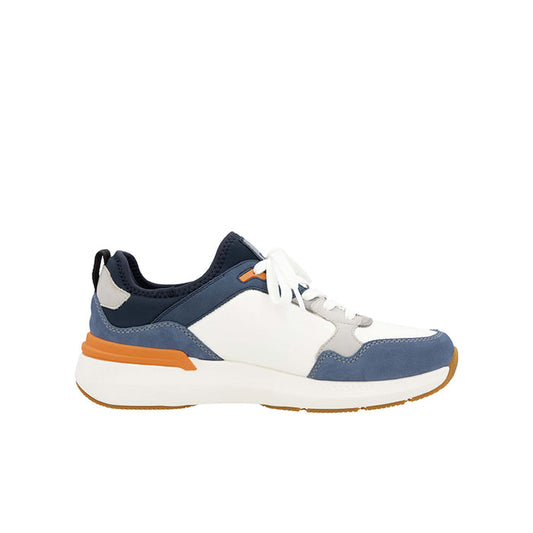 Rieker men's lace-up trainers, blue and white with orange accents
