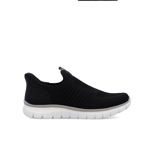 Men's low-top slip-on sneakers in black with ribbed knit side and white sole