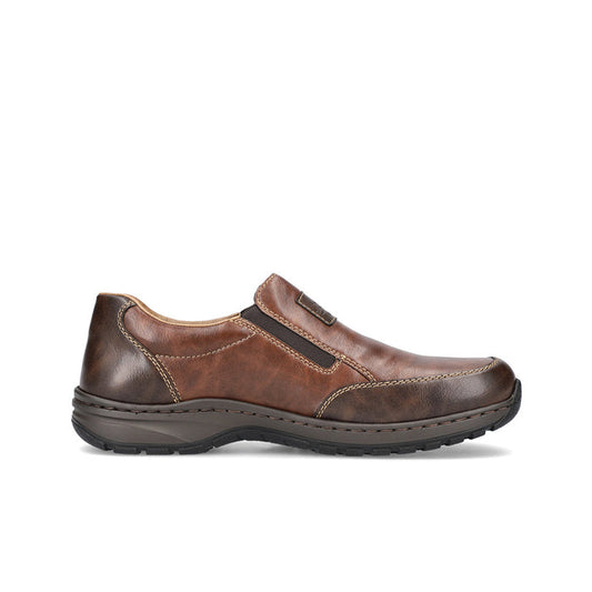 Brown leather men’s slip-on loafer with black side strap and cushioned sole