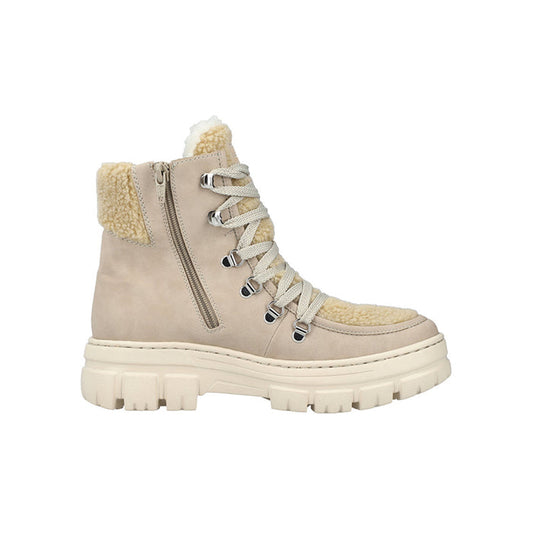 Beige winter fashion boot with lace-up front and side zipper, padded ankle collar