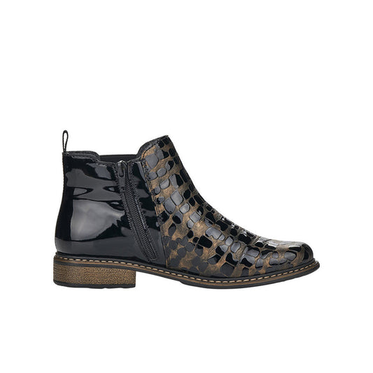 Rieker black ankle boots with side zip, patterned uppers, and low block heel