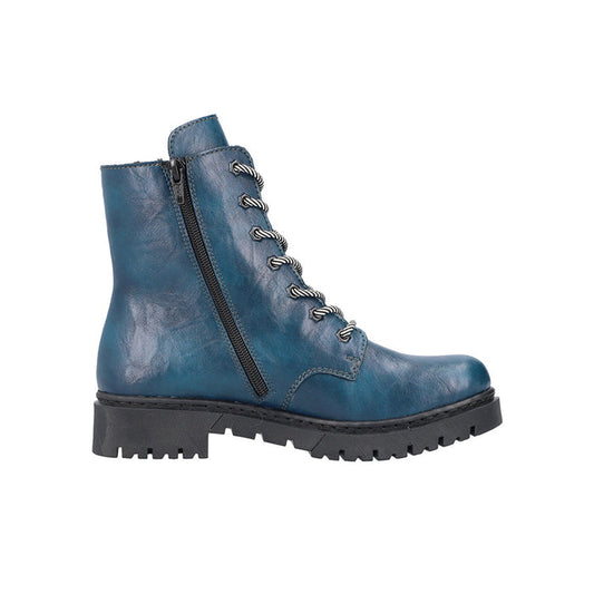 Blue leather lace-up ankle boots with side zipper and chunky tread sole