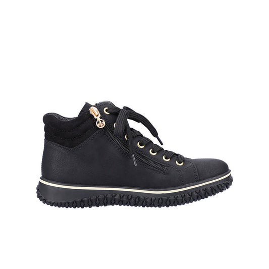 Black lace-up ankle boots with side zipper, cushioned collar, and textured rubber sole