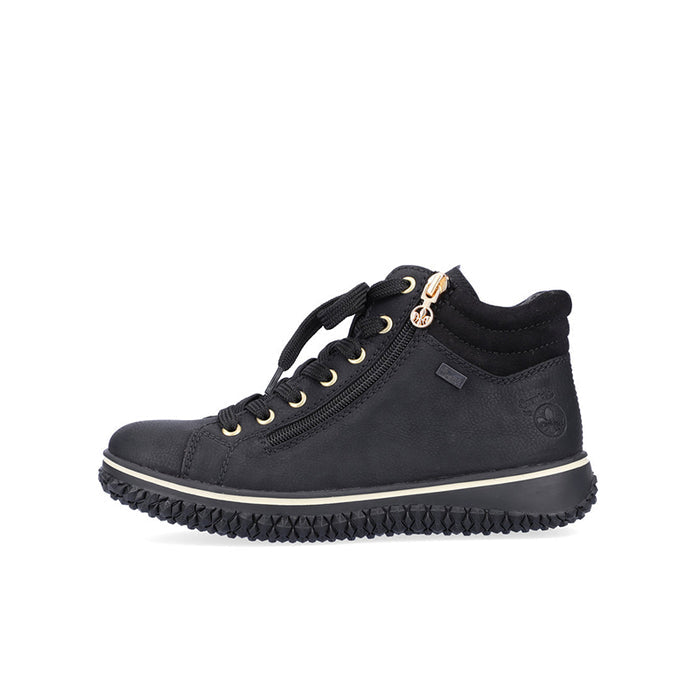Black ankle boots with lace-up front, side zipper detail, and ridged rubber outsole