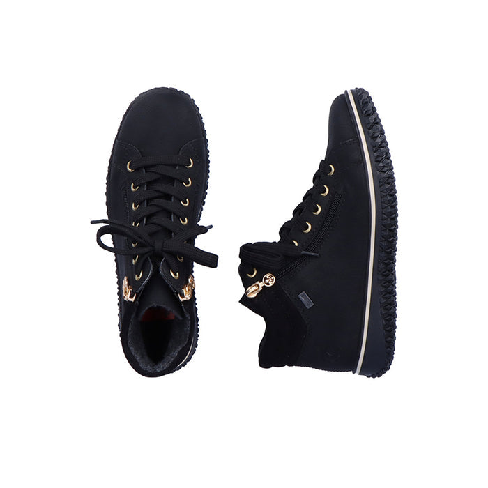 Pair of black lace-up ankle boots with side zipper detail and textured rubber sole