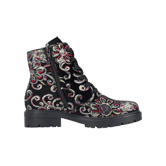 Women’s ankle boots: black with multicolor paisley, side zip, lace-up.