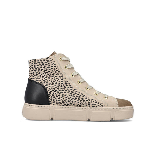 Women’s ankle boots with leopard print uppers, lace-up front, side zip, black trim