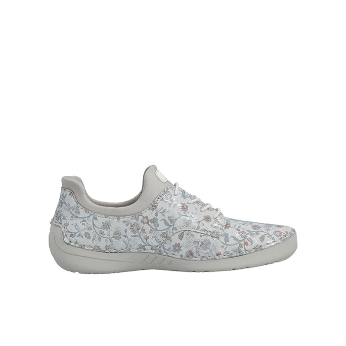 Rieker casual sneaker in light gray with floral print, lace-up, cushioned sole