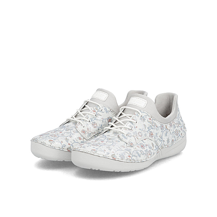 Pair of Rieker casual lace-up sneakers in light gray with floral print and padded collar