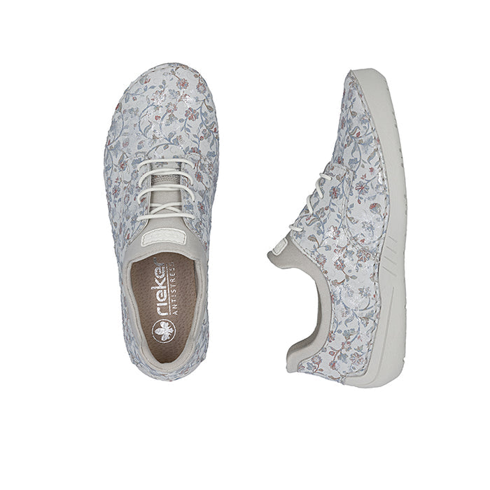 Rieker light gray floral lace-up sneaker with padded tongue and collar, front and side